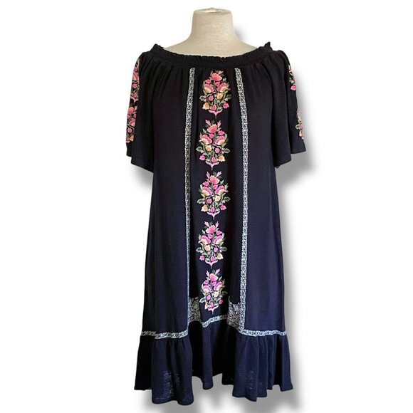 Sundance Womens Floral Path Dress Sz Small Navy Blue Linen Boho Embroidered - Picture 2 of 10